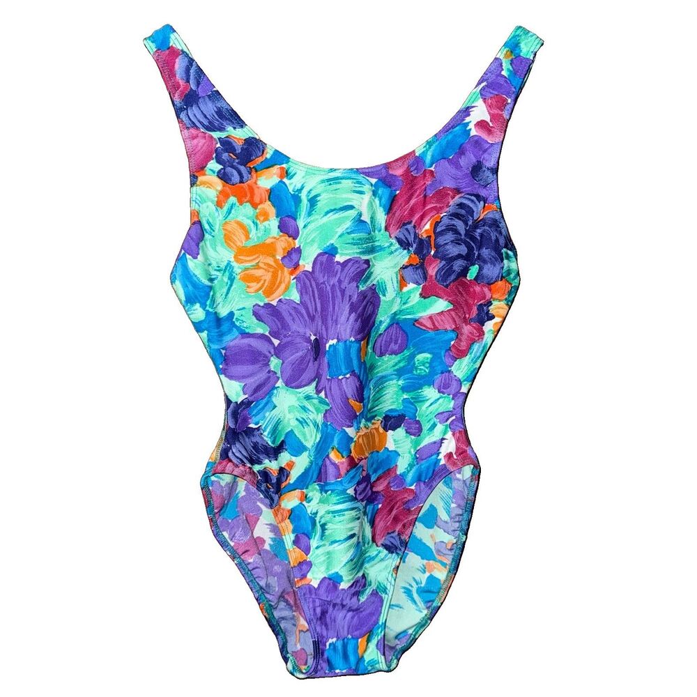 Vintage Pro Spirit Floral Swimsuit High Cut Tropical Neon One Piece Large